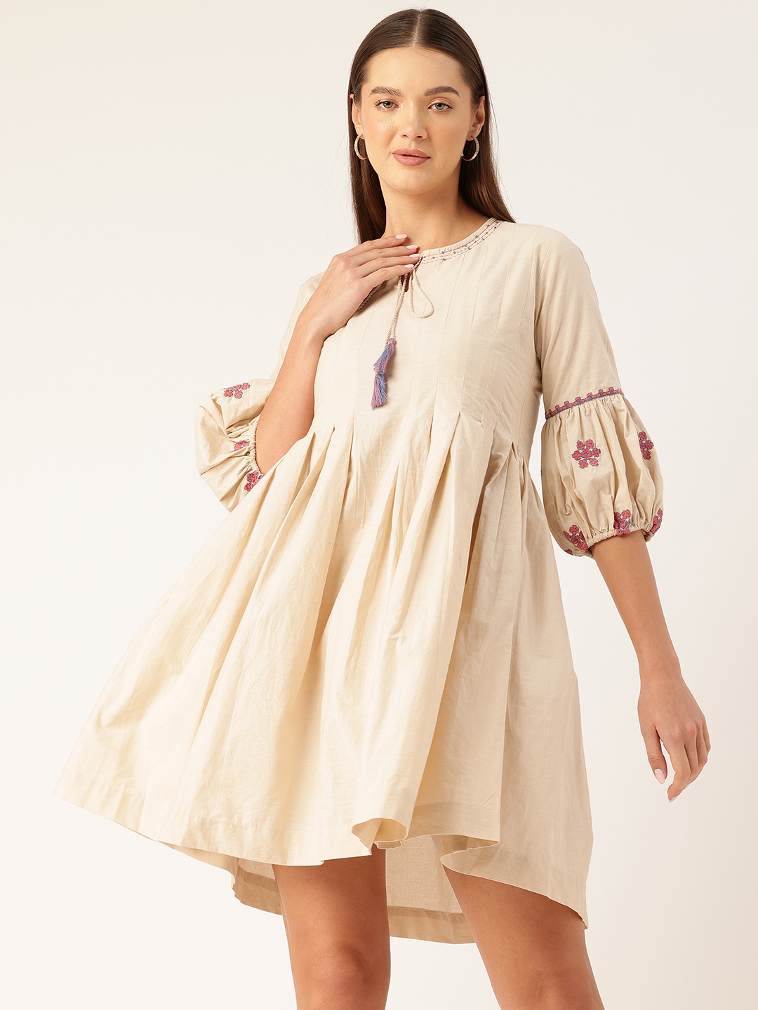

MISRI Floral Embroidered Tie-Up Neck Puff Sleeves Fit & Flare Dress, Beige