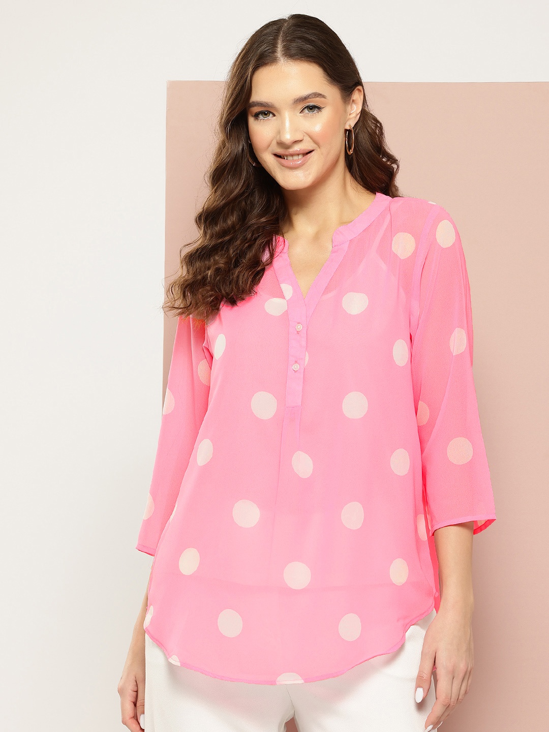 

Qurvii Women Comfort Polka Dot Sheer Printed Casual Shirt, Pink