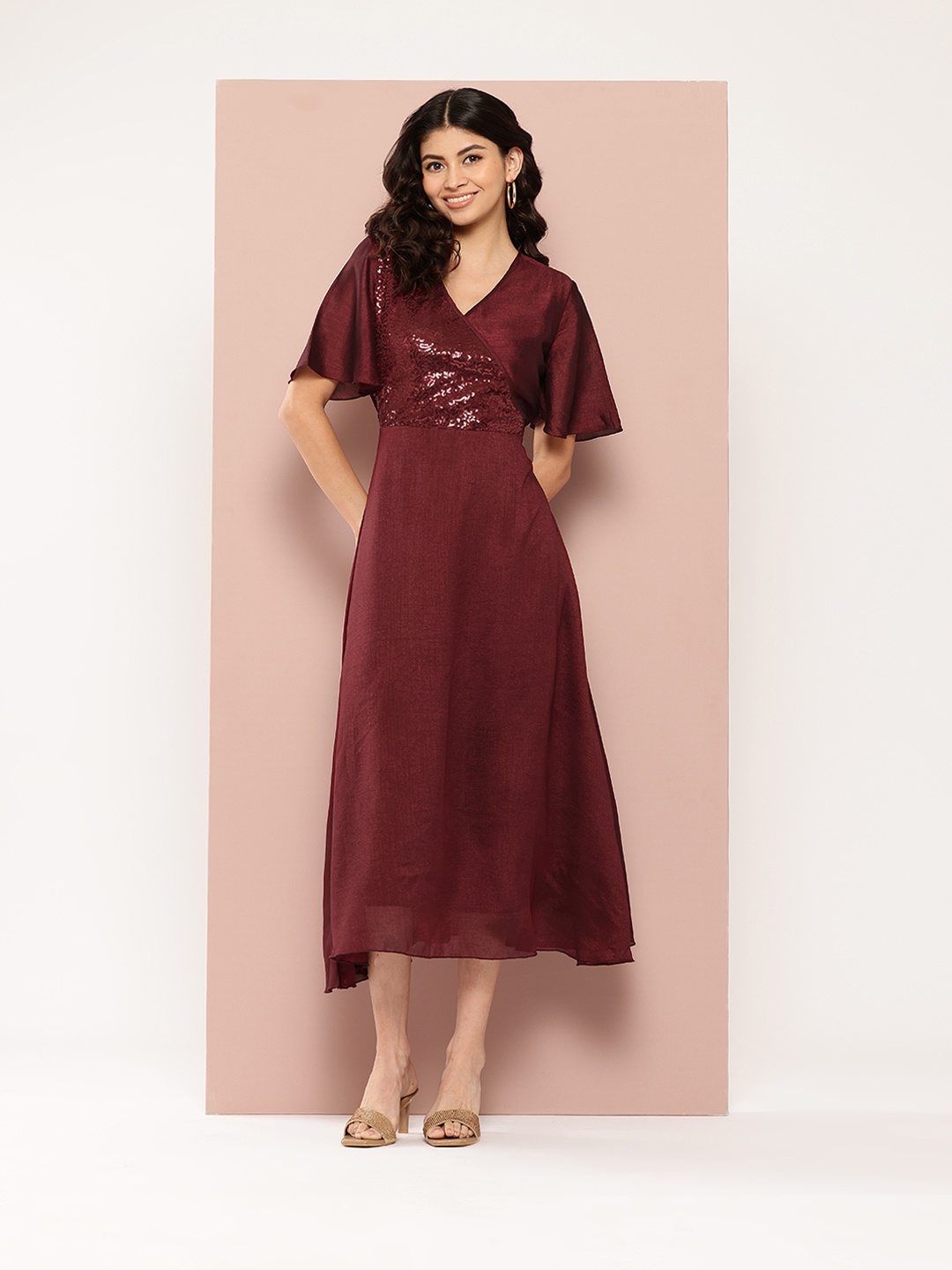 

Qurvii Embellished Flared Sleeve Fit & Flare Midi Dress, Burgundy