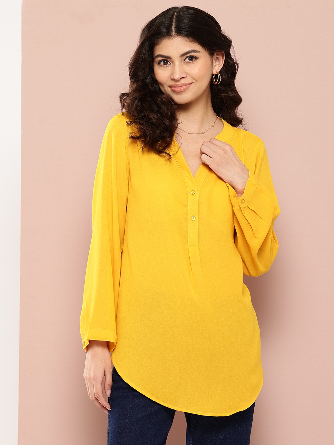 

Qurvii Comfort Mandarin Collar Longline Casual Shirt, Yellow