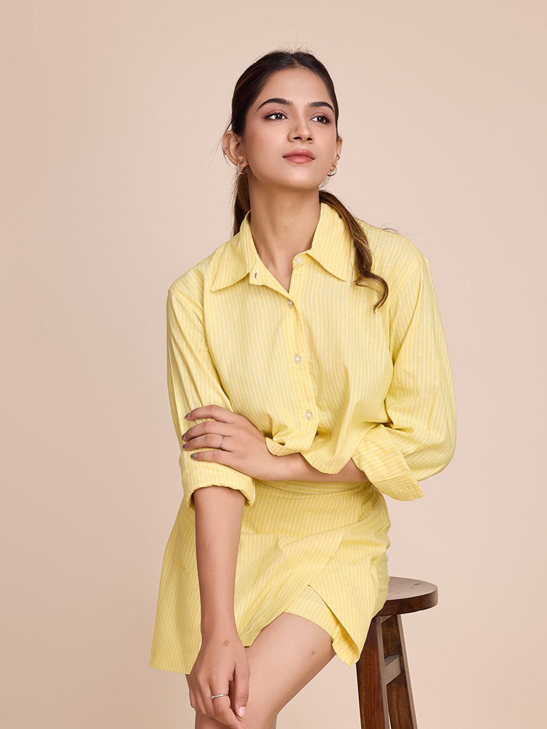 

HOUSE OF MIRA Sriped Shirt Collar Crop Shirt With Skirt Co-Ords, Yellow