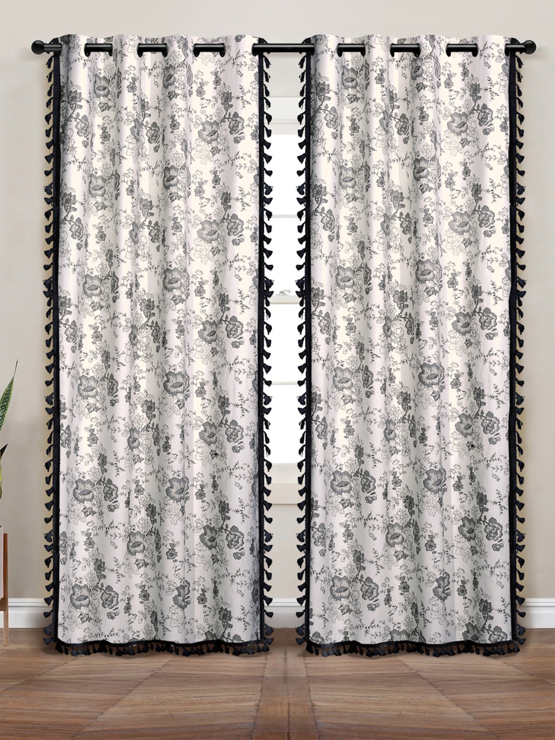 

Myntra Elegant Homes White & Grey Set of 2 Floral Long Door Curtain