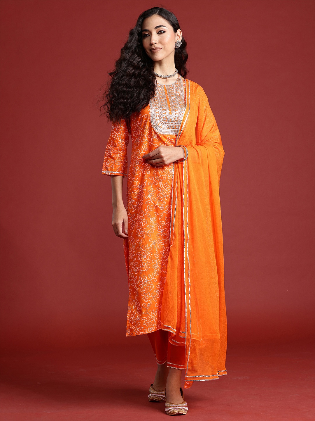 

Anouk Women Bandhani Printed Regular Pure Cotton Kurta with Trousers & With Dupatta, Orange