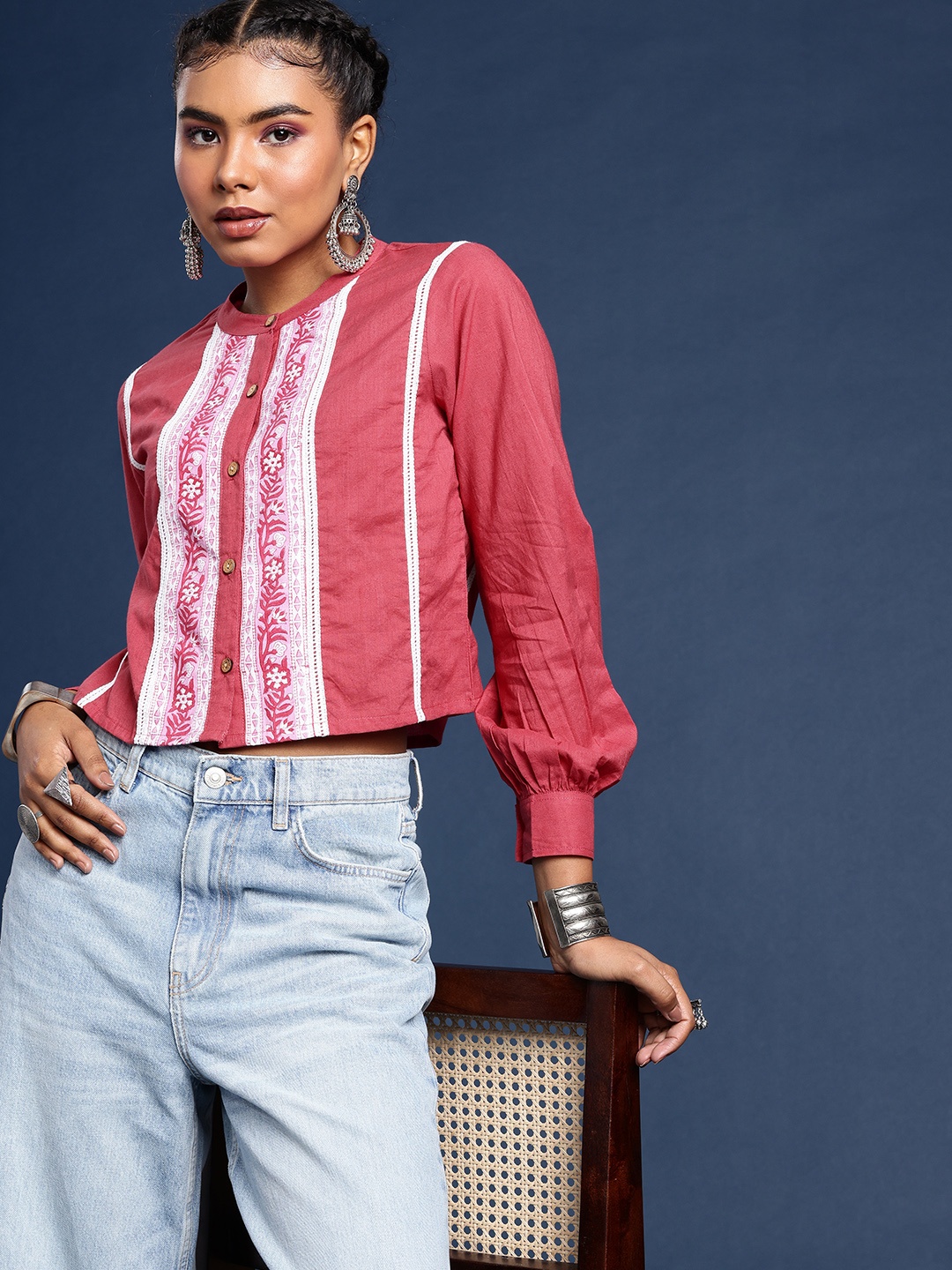 

Taavi Print Mandarin Collar Placement Print Cotton Shirt Style Crop Top, Rose