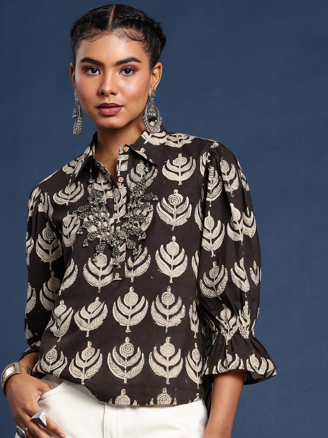 

Taavi Hand Block Print Bishop Sleeves Cotton Shirt Style Top, Black
