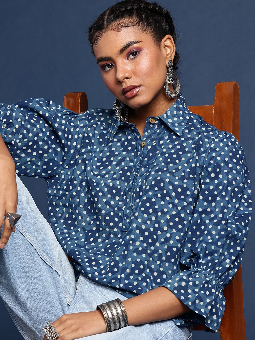 

Taavi Printed Bishop Sleeves Indigo Pure Cotton Shirt Style Top, Navy blue