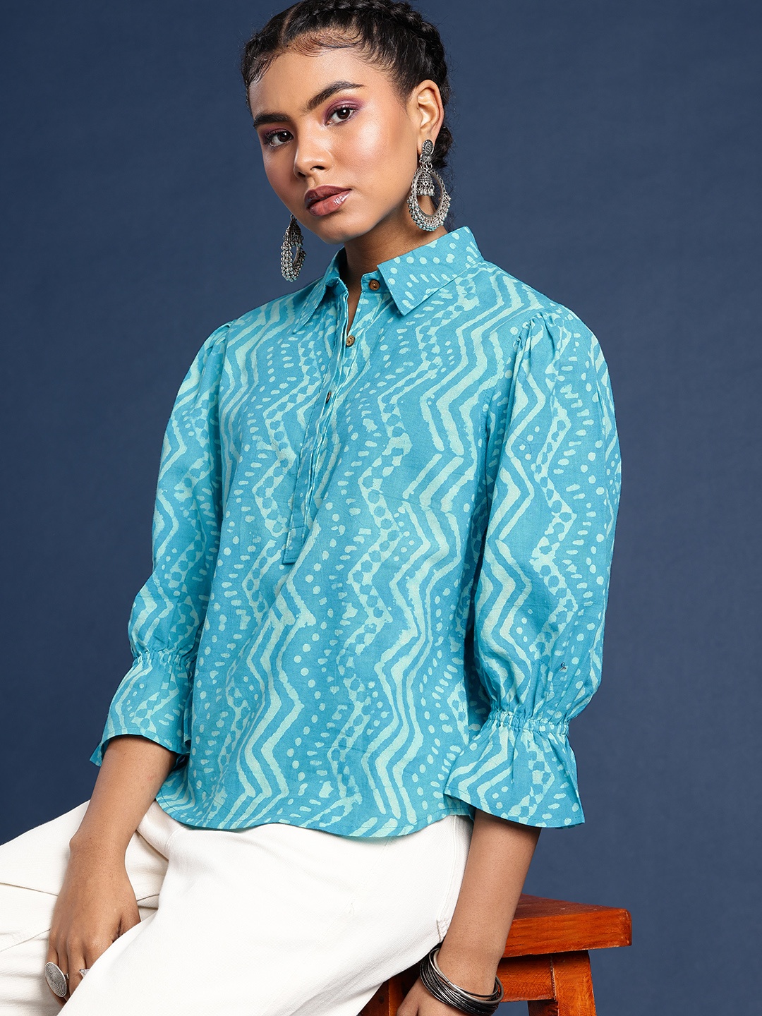 

Taavi Hand Block Print Bishop Sleeves Pure Cotton Shirt Style Top, Blue