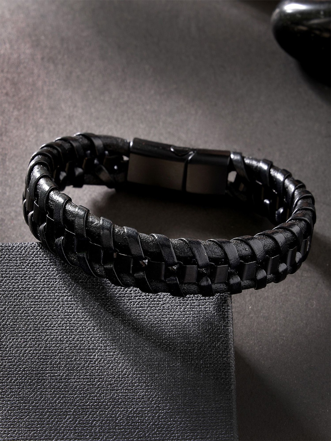 

Bohey by KARATCART Men Leather Handcrafted Wraparound Bracelet, Black