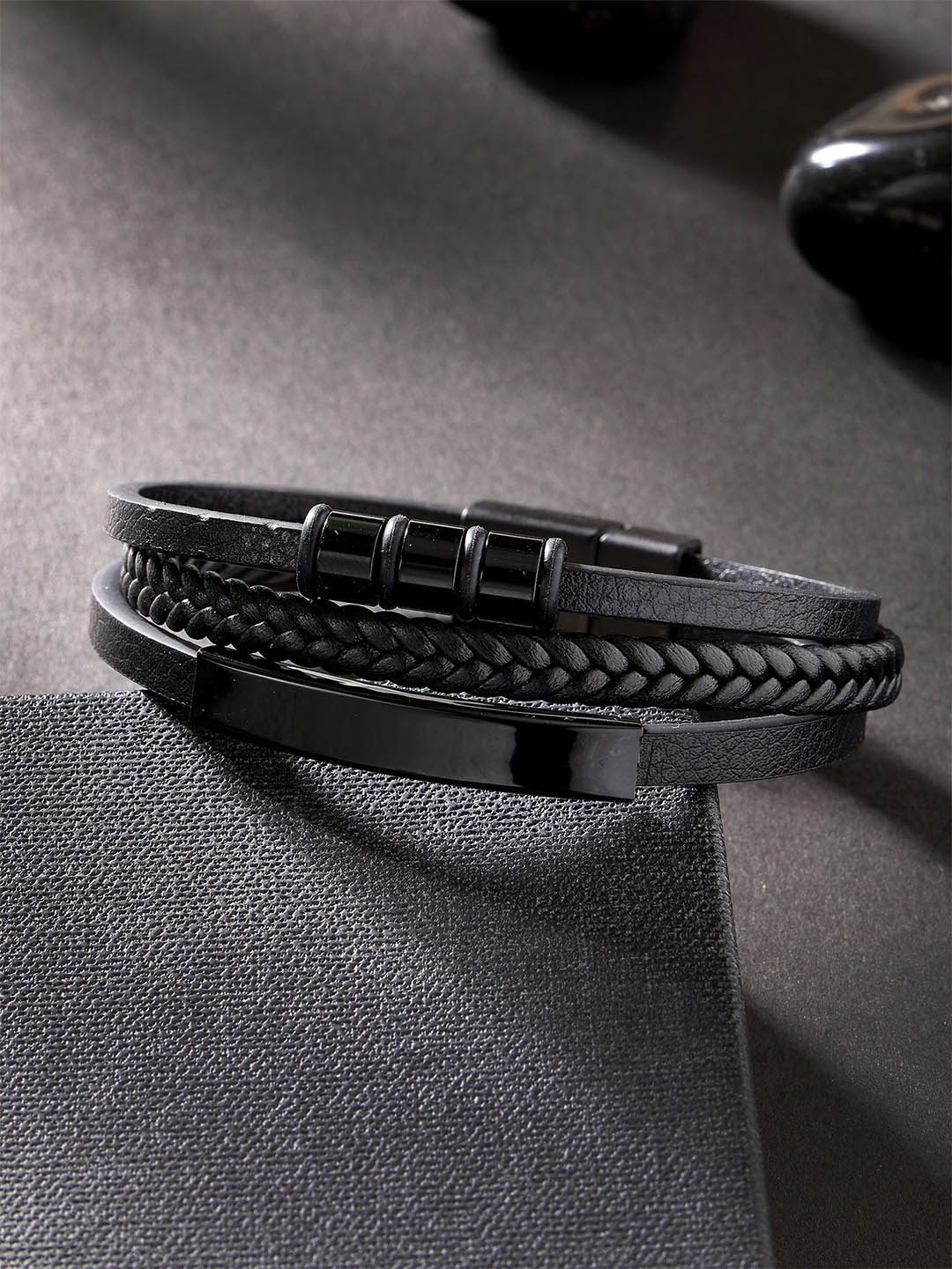 

Bohey by KARATCART Men Leather Handcrafted Multistrand Bracelet, Black
