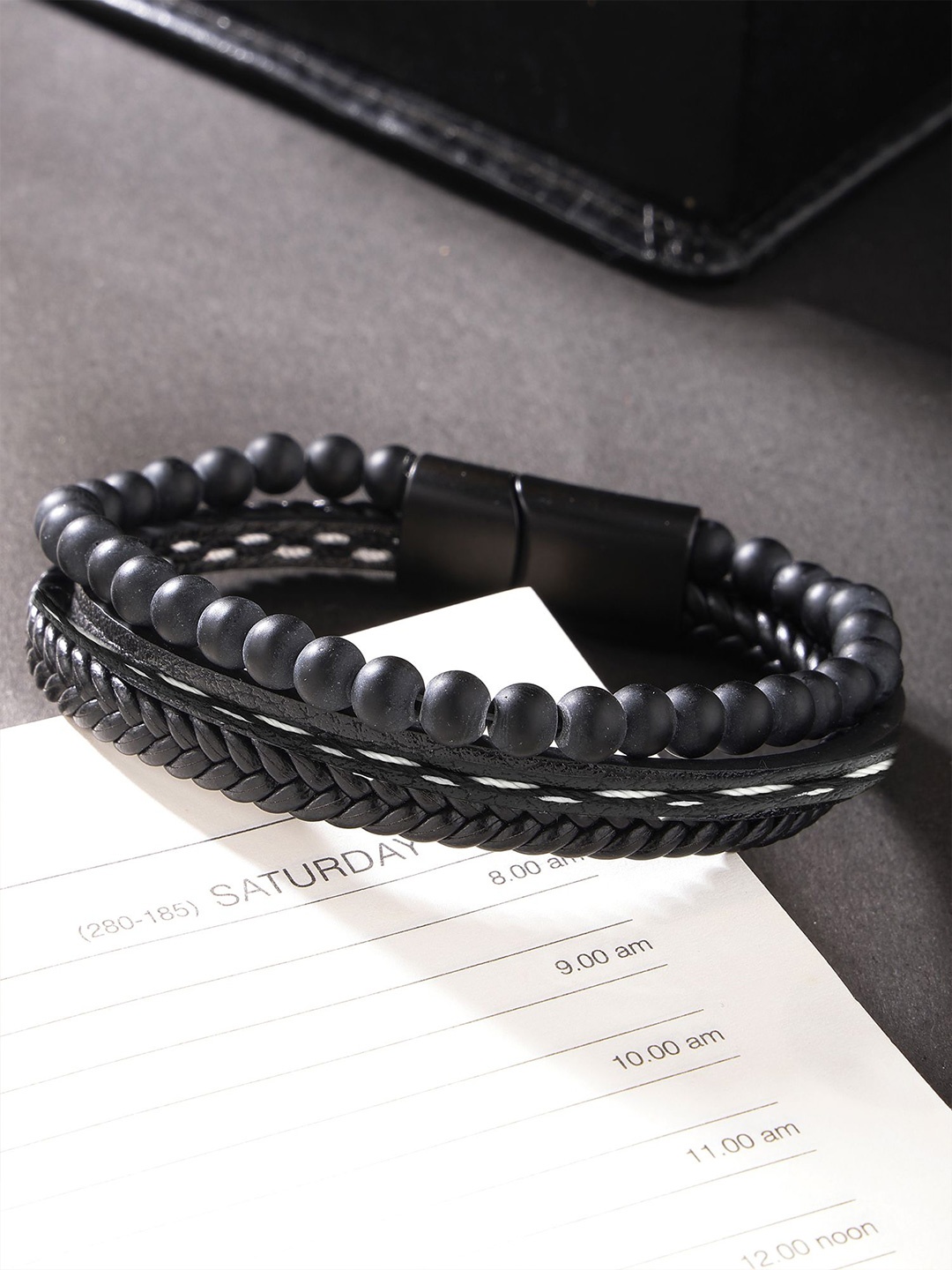 

Bohey by KARATCART Men Leather Handcrafted Multistrand Bracelet, Black