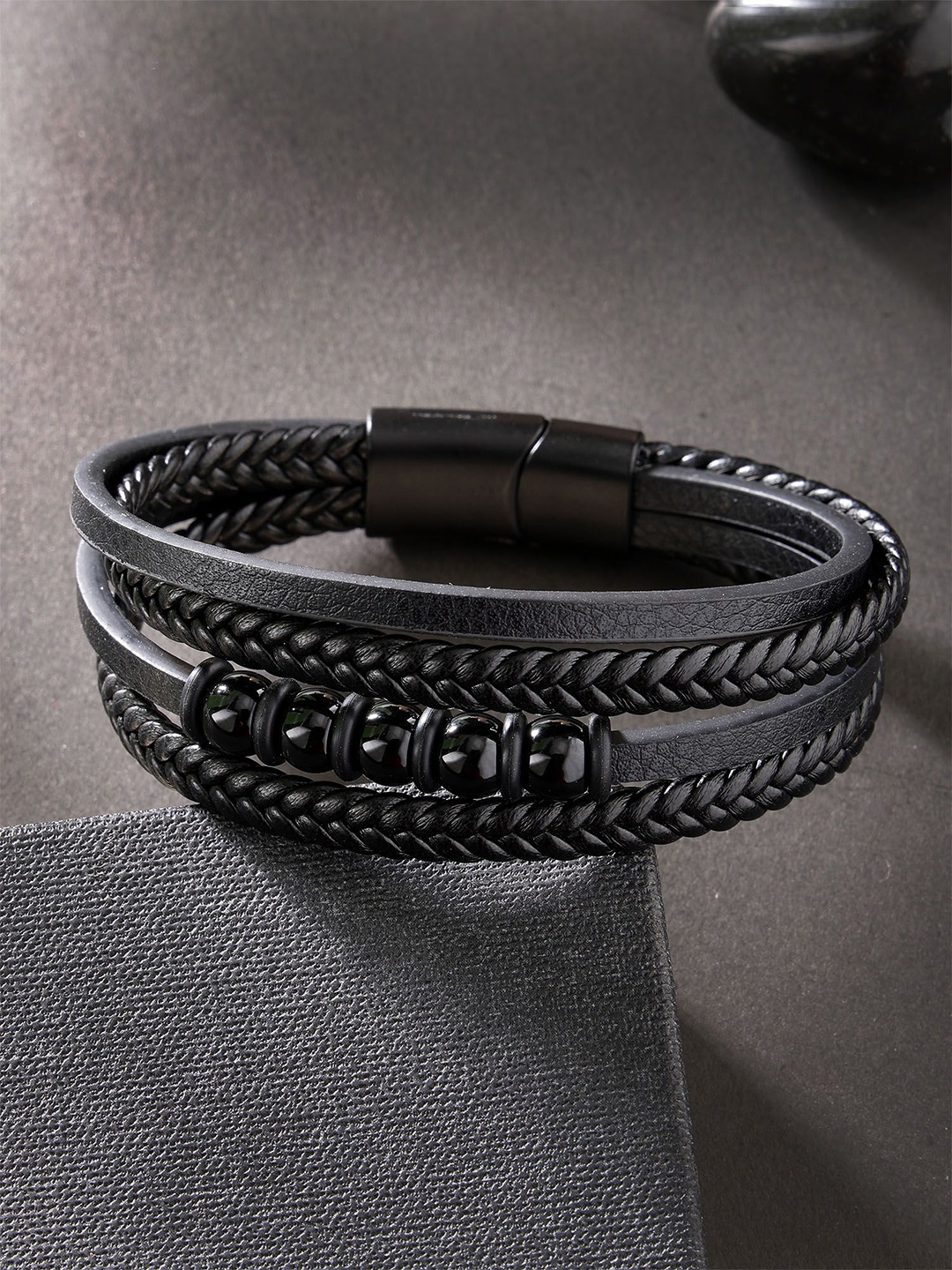 

Bohey by KARATCART Men Leather Handcrafted Multistrand Bracelet, Black