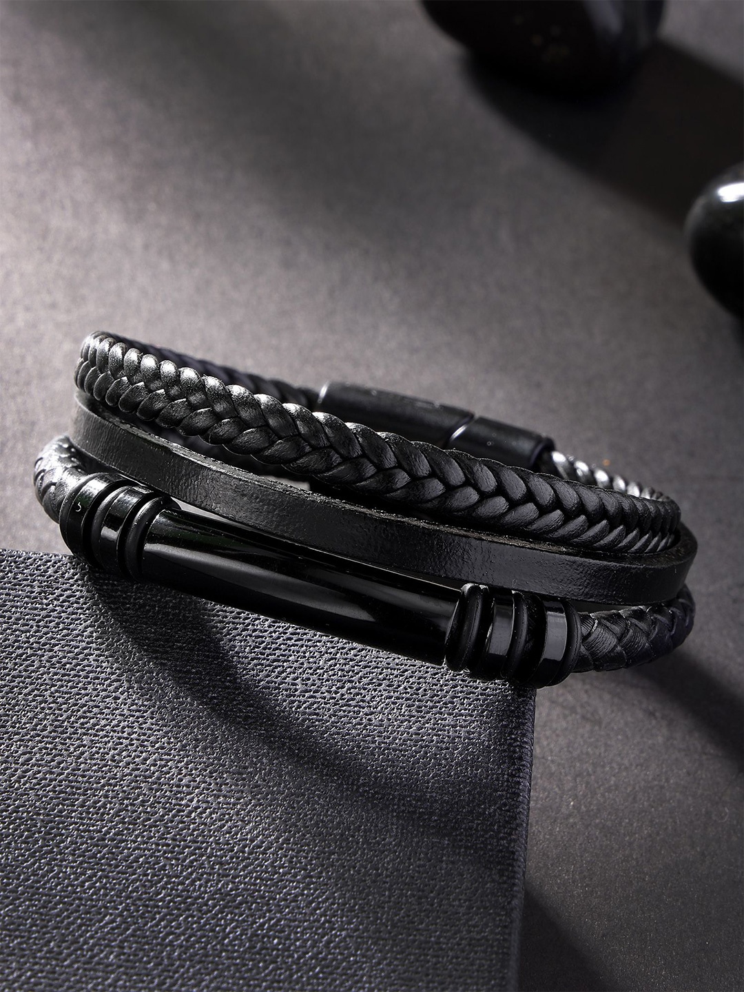 

Bohey by KARATCART Men Leather Handcrafted Multistrand Bracelet, Black