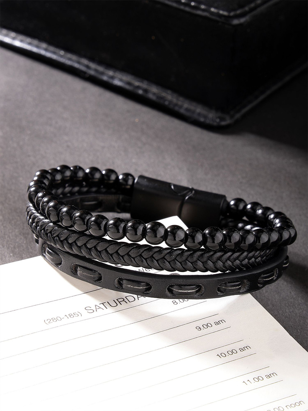 

Bohey by KARATCART Men Leather Handcrafted Multistrand Bracelet, Black