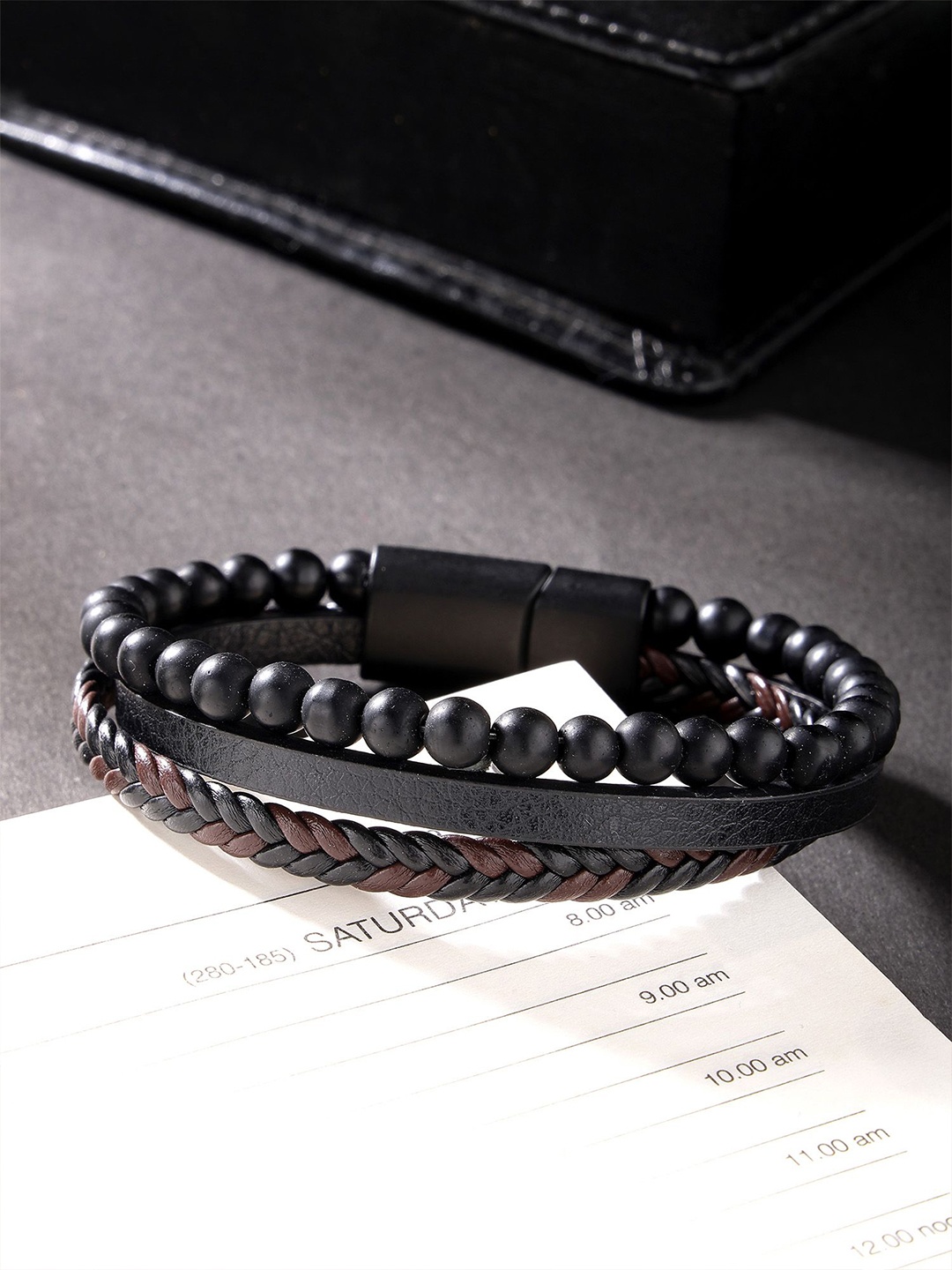 

Bohey by KARATCART Men Leather Handcrafted Multistrand Bracelet, Black