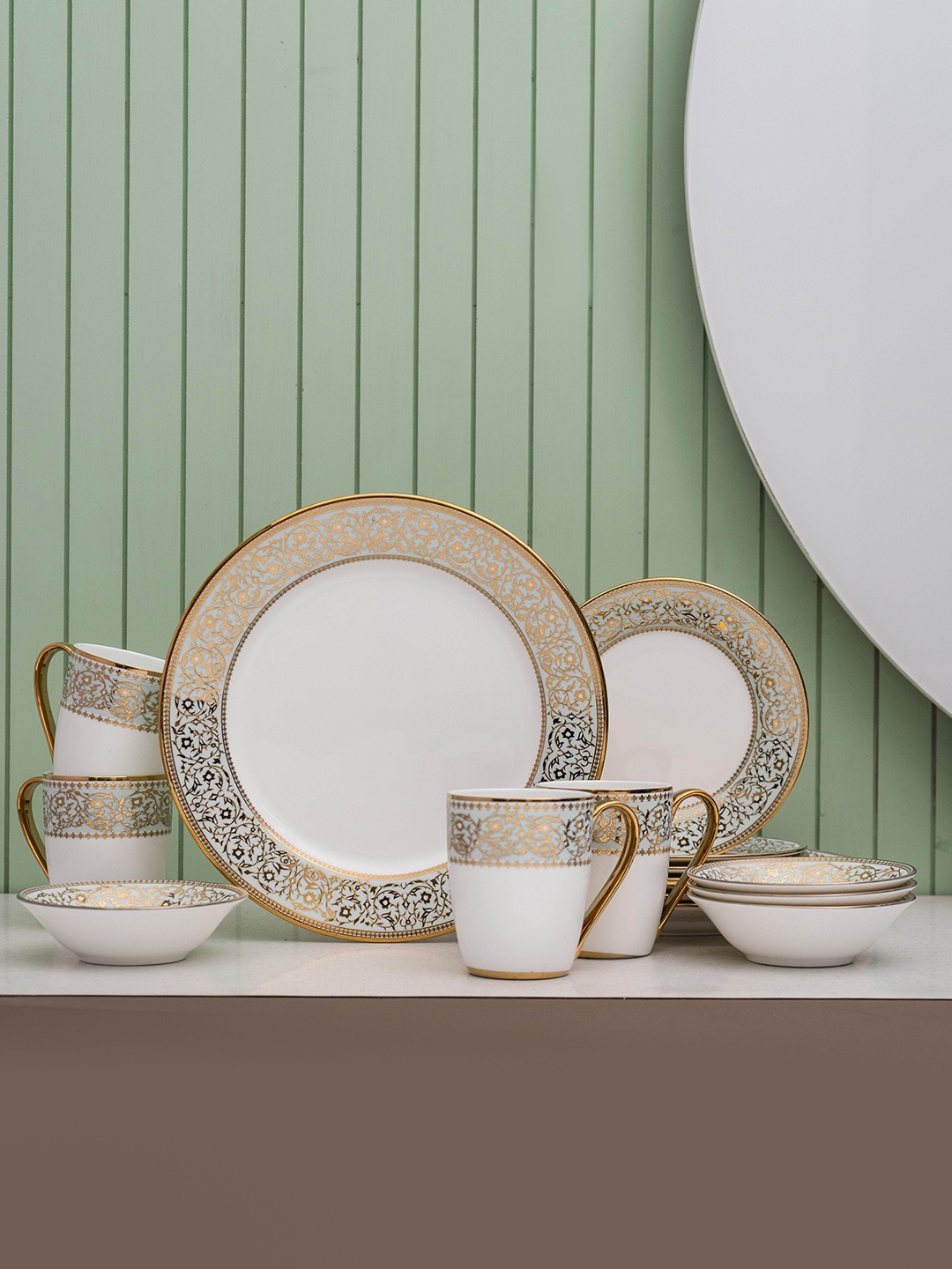 

CLAY CRAFT Ebony White & Gold-Toned 16 Pieces Textured Ceramic Dinner Set