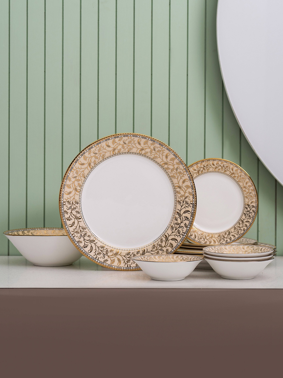 

CLAY CRAFT Ebony White & Gold-Toned 13 Pieces Textured Ceramic Glossy Dinner Set