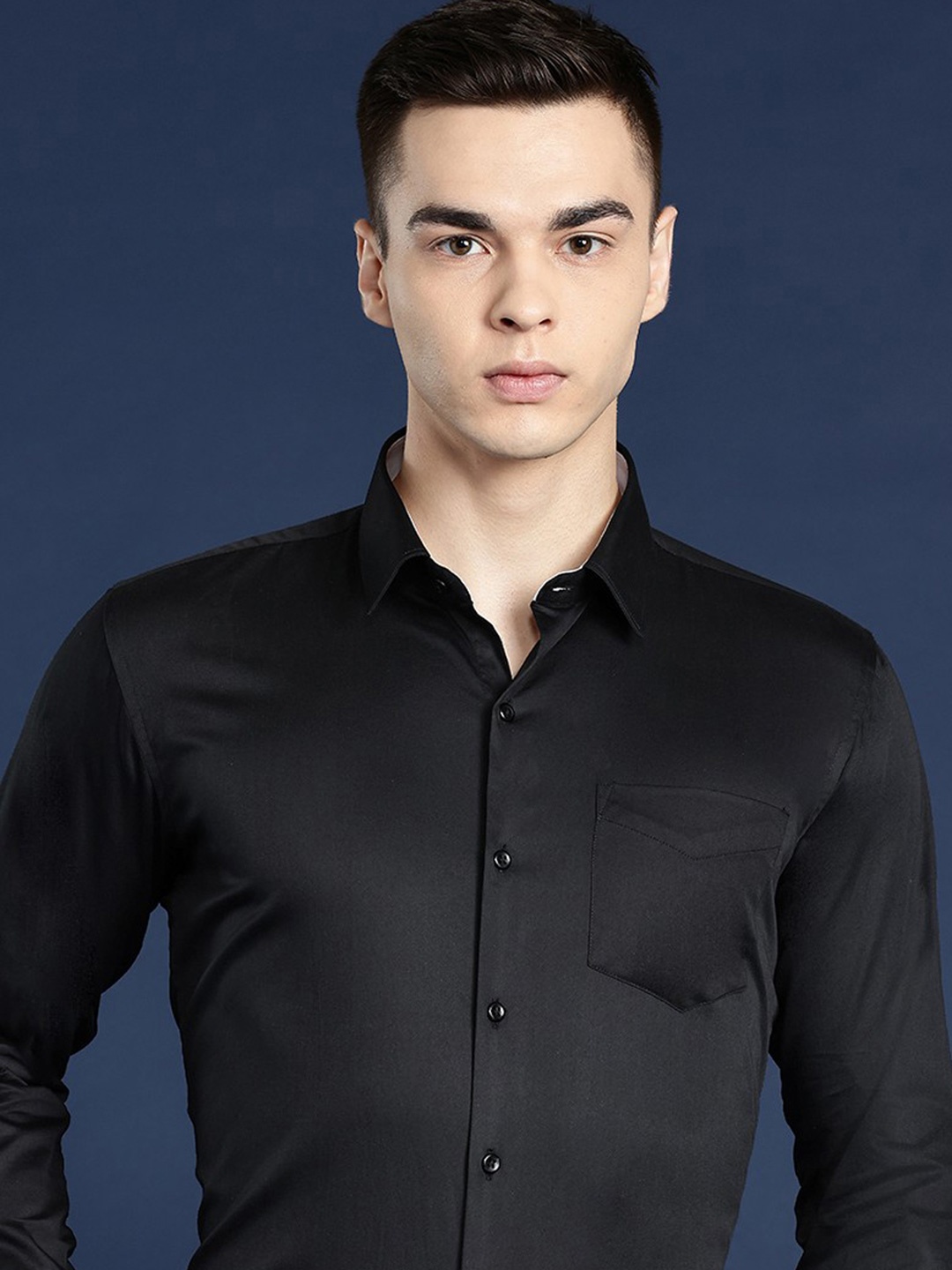 

Hancock Men Slim Fit Opaque Cotton Satin Formal Shirt, Black