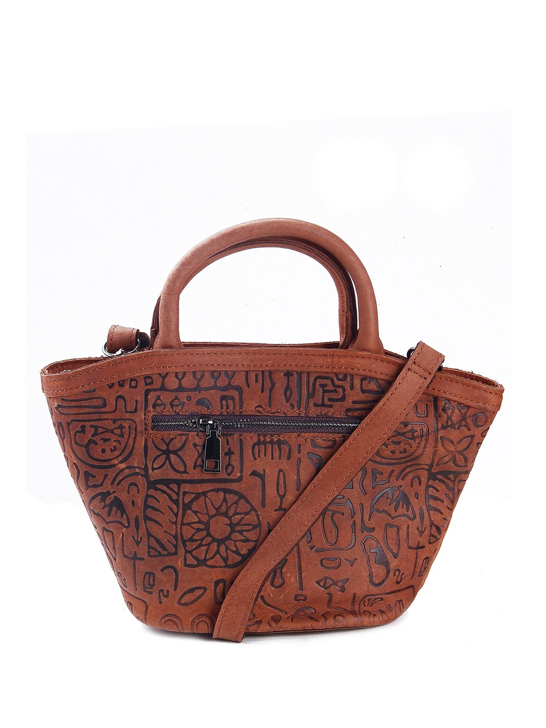 

Calvadoss Ethnic Motifs Printed Leather Half Moon Handheld Bag with Applique, Tan