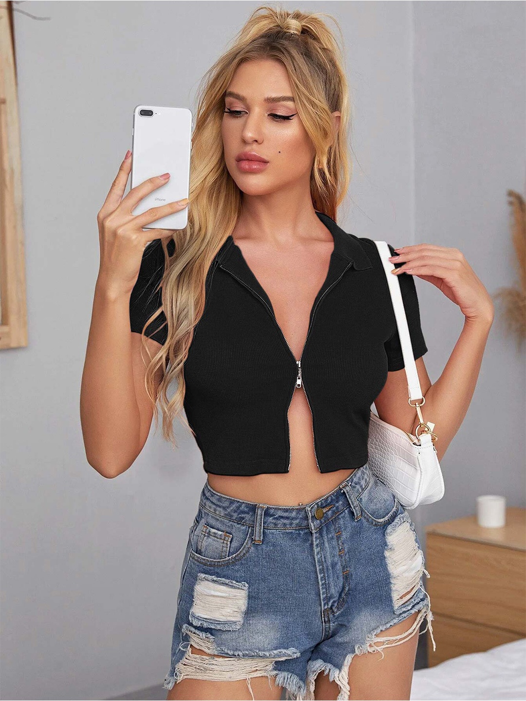 

Stylecast X Slyck Shirt Style Crop Top, Black