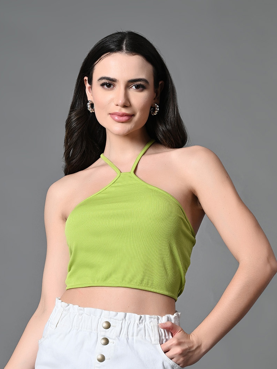 

Myshka Halter Neck Styled Back Top, Green