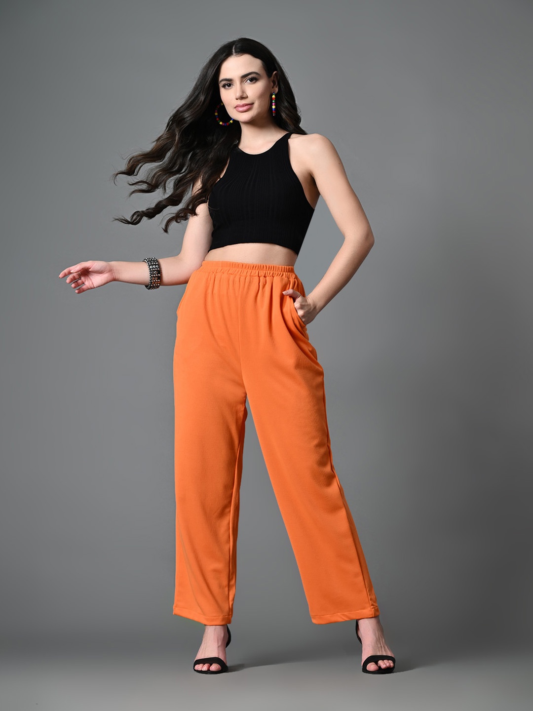 

Myshka Women Comfort Loose Fit High-Rise Wrinkle Free Trousers, Orange
