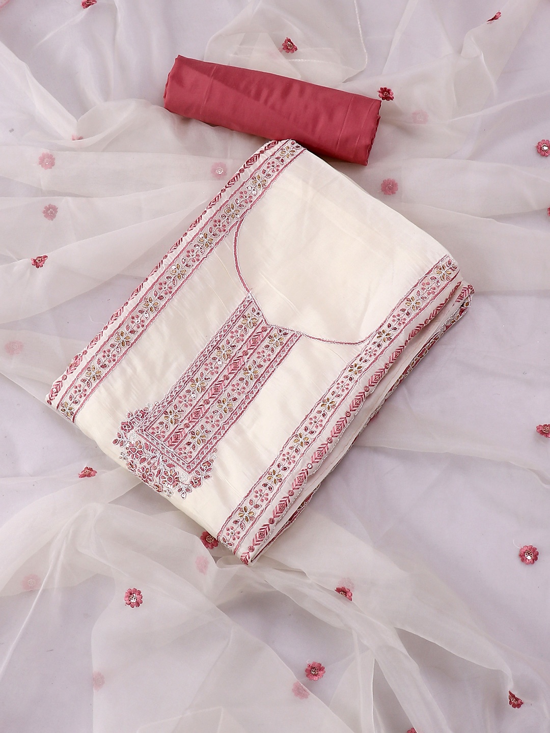 

SALWAR STUDIO Embroidered Pure Silk Unstitched Dress Material, White