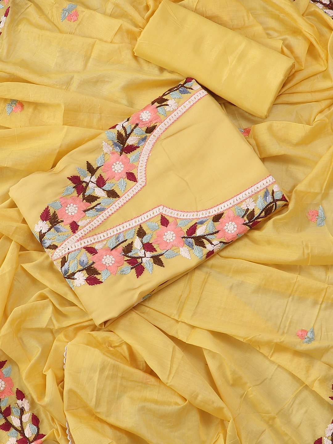 

SALWAR STUDIO Embroidered Pure Silk Unstitched Dress Material, Yellow