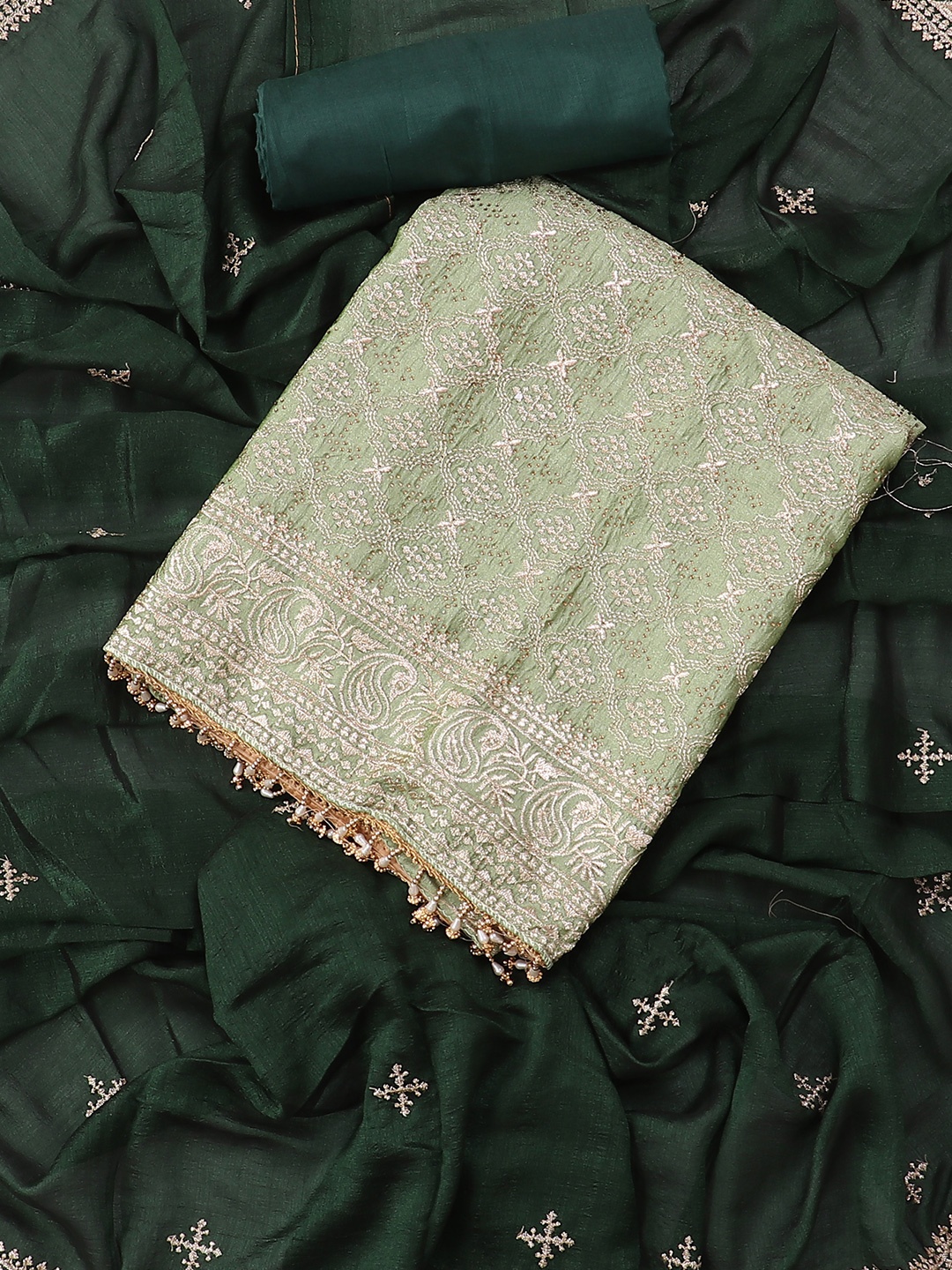 

SALWAR STUDIO Embellished Raw Silk Unstitched Dress Material, Green