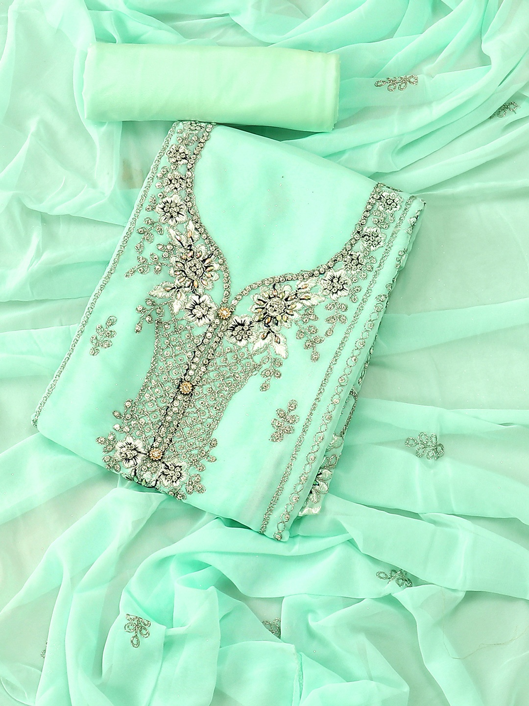 

SALWAR STUDIO Embellished Unstitched Dress Material, Turquoise blue