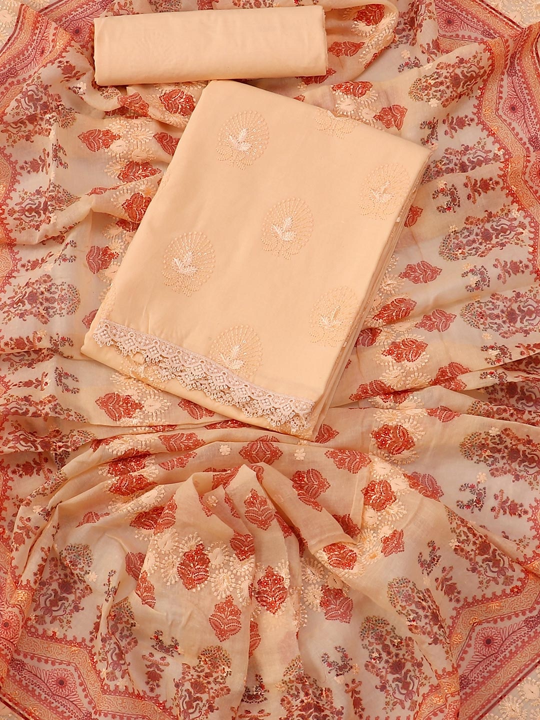 

SALWAR STUDIO Embroidered Pure Cotton Unstitched Dress Material, Peach
