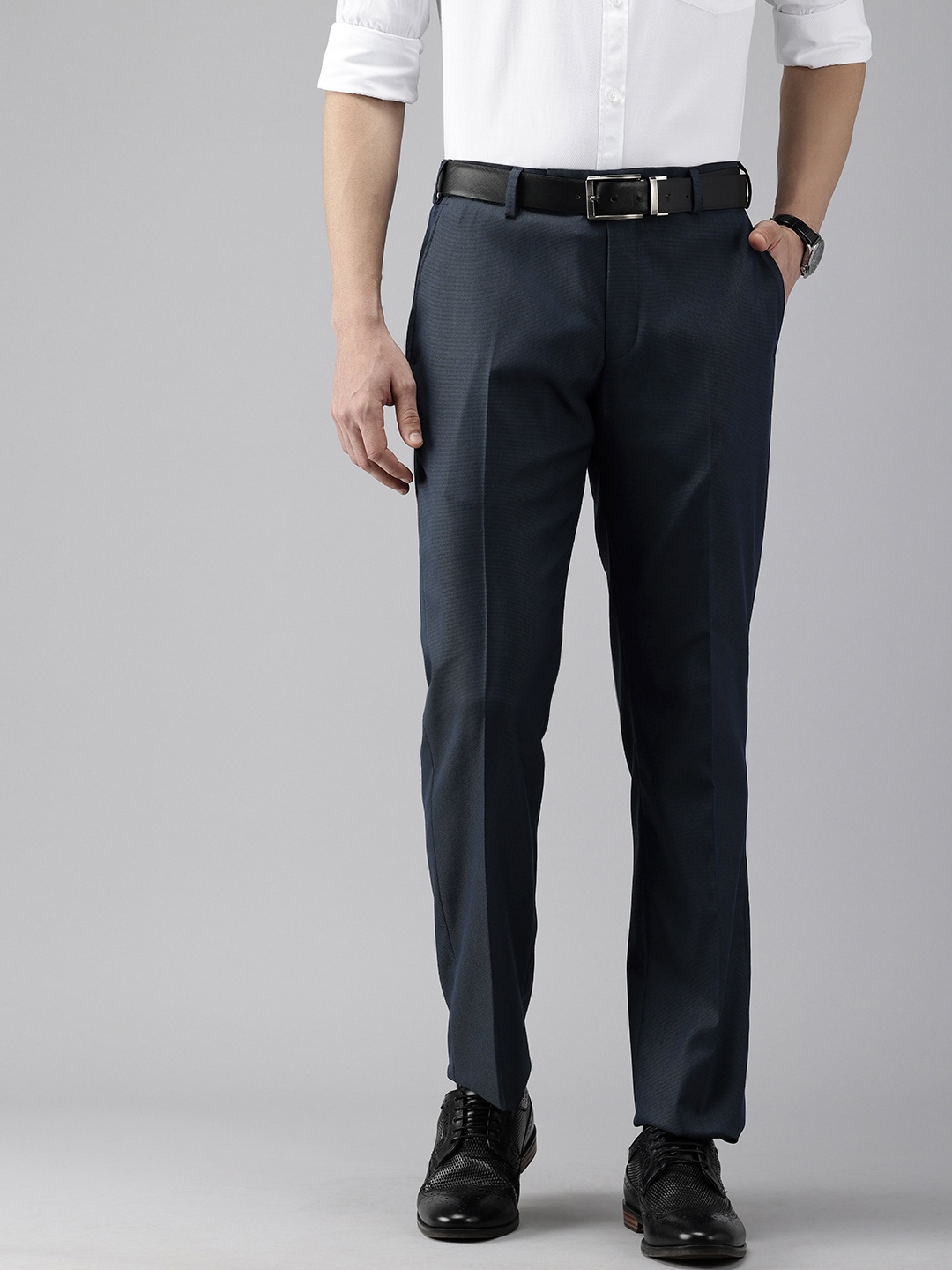 

Park Avenue Men Self Design Textured Formal Trousers, Blue