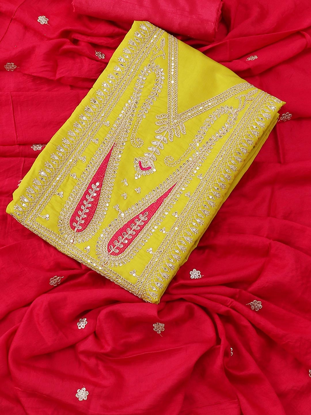 

SALWAR STUDIO Embroidered Pure Silk Unstitched Dress Material, Yellow