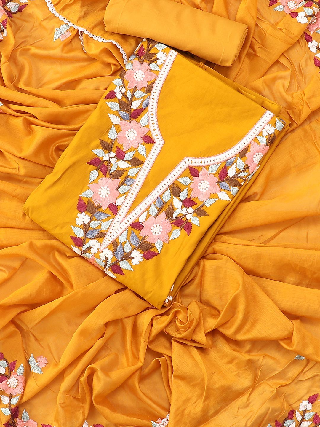 

SALWAR STUDIO Embroidered Pure Silk Unstitched Dress Material, Mustard