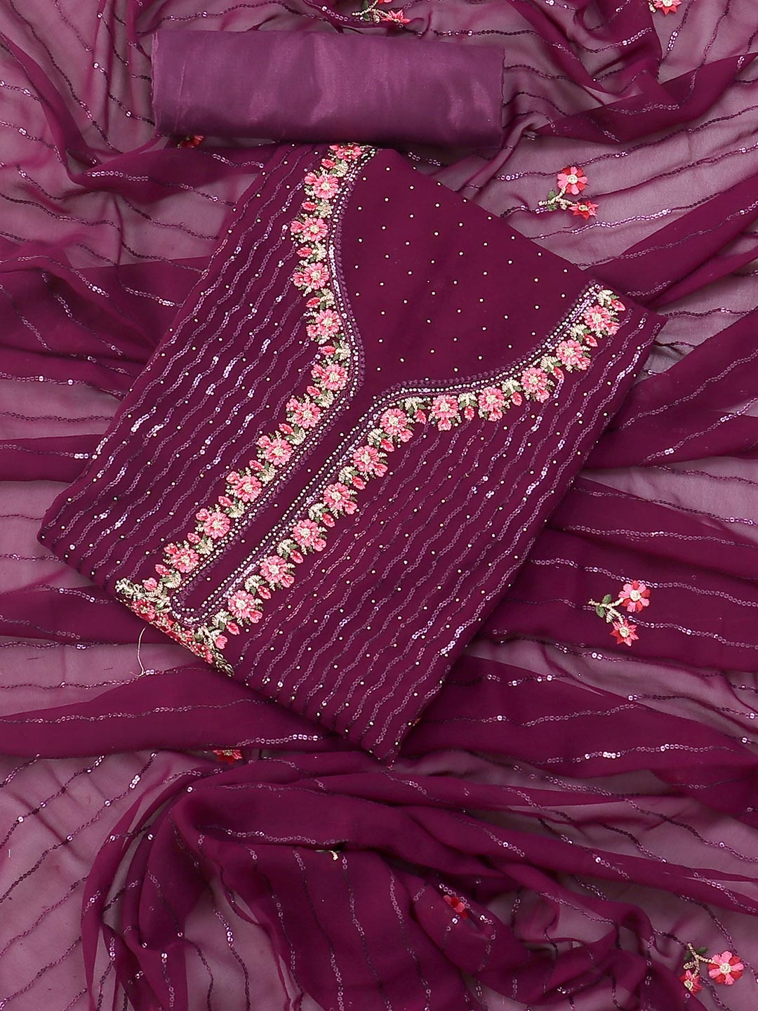 

SALWAR STUDIO Embellished Unstitched Dress Material, Burgundy