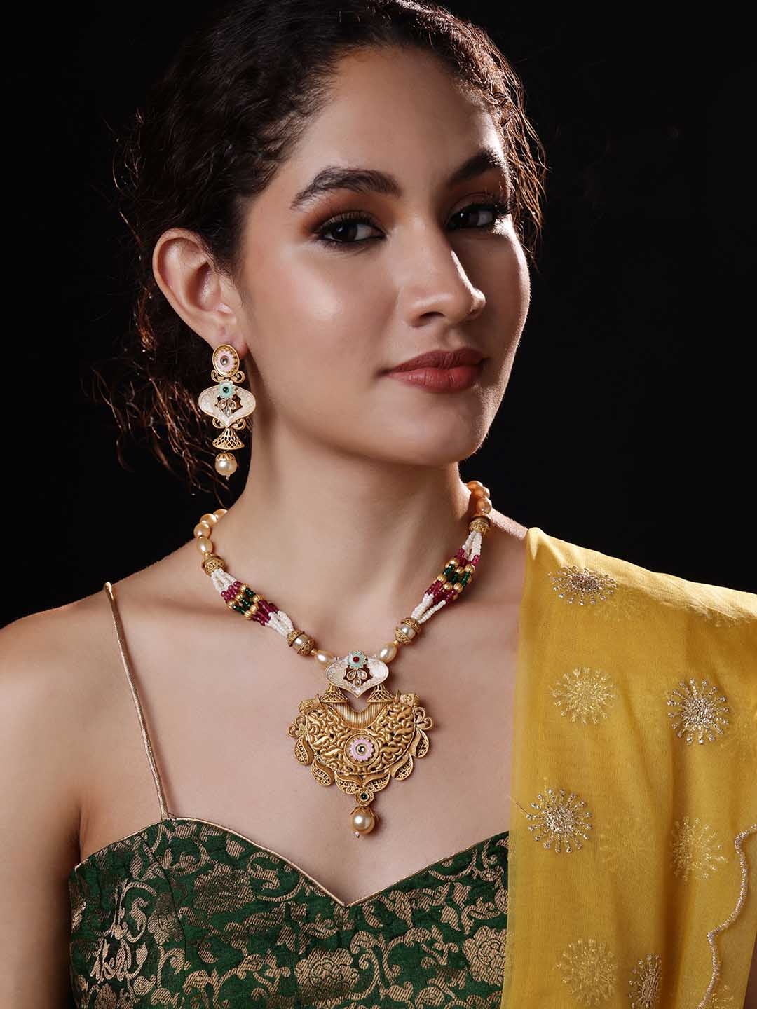 

PANASH Gold-Plated Stone-Studded & Beaded Jewellery Set