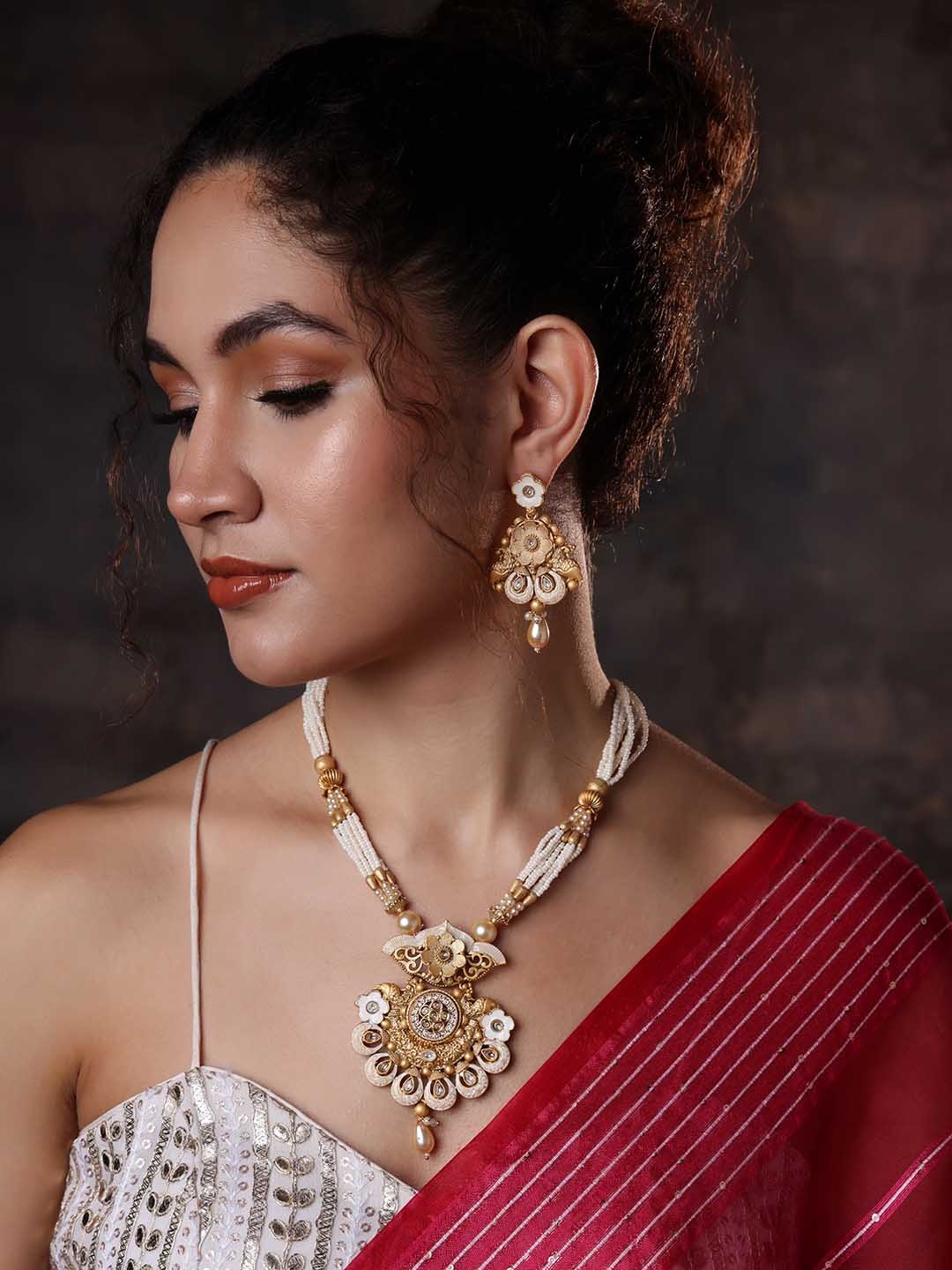 

PANASH Gold-Plated Stone Studded & Beaded Jewellery Set