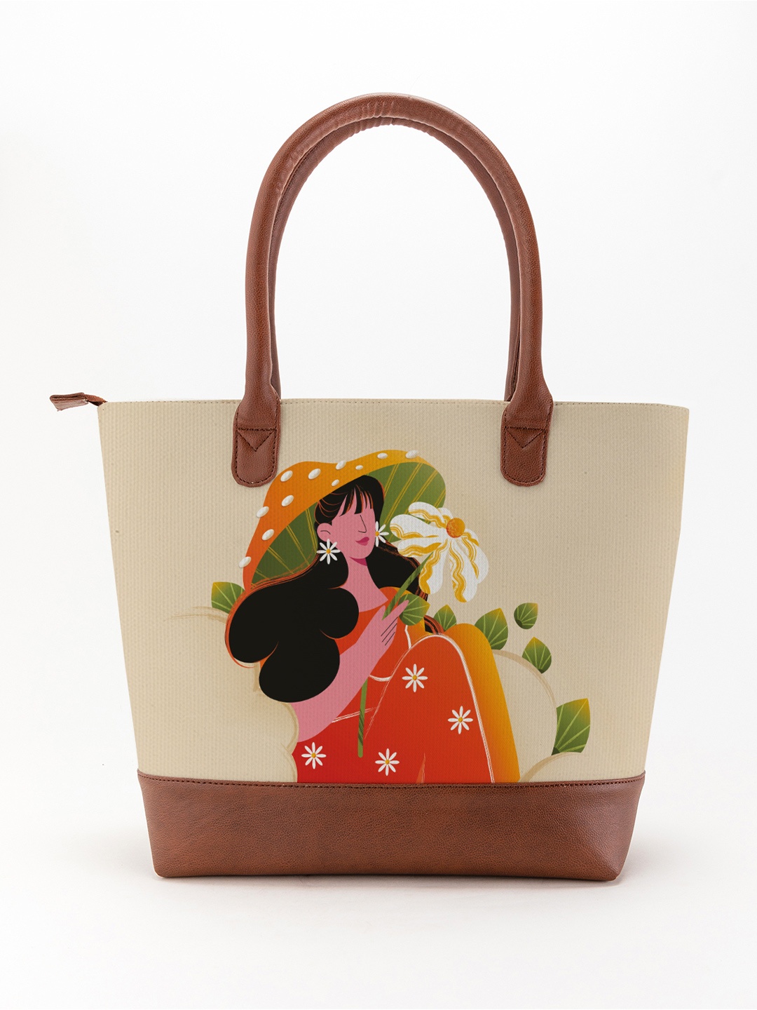 

Kalankit Printed Structured Tote Bag with Applique, Orange