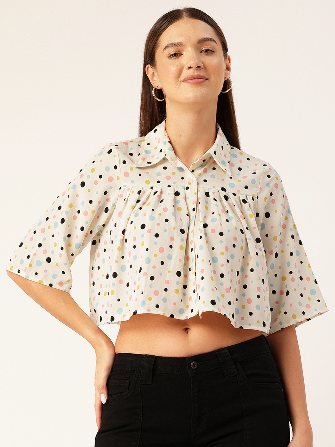 

Rue Collection Polka Dot Print Flared Sleeves Shirt Style Crop Top, Multi