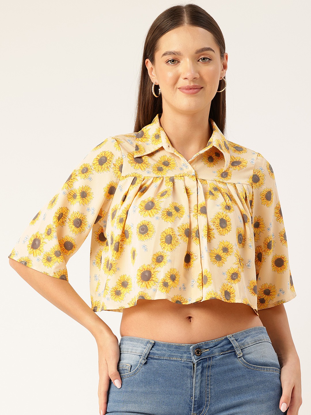

Rue Collection Floral Print Flared Sleeves Shirt Style Crop Top, Yellow