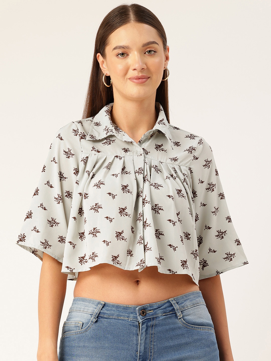 

Rue Collection Floral Print Flared Sleeves Shirt Style Crop Top, Sea green