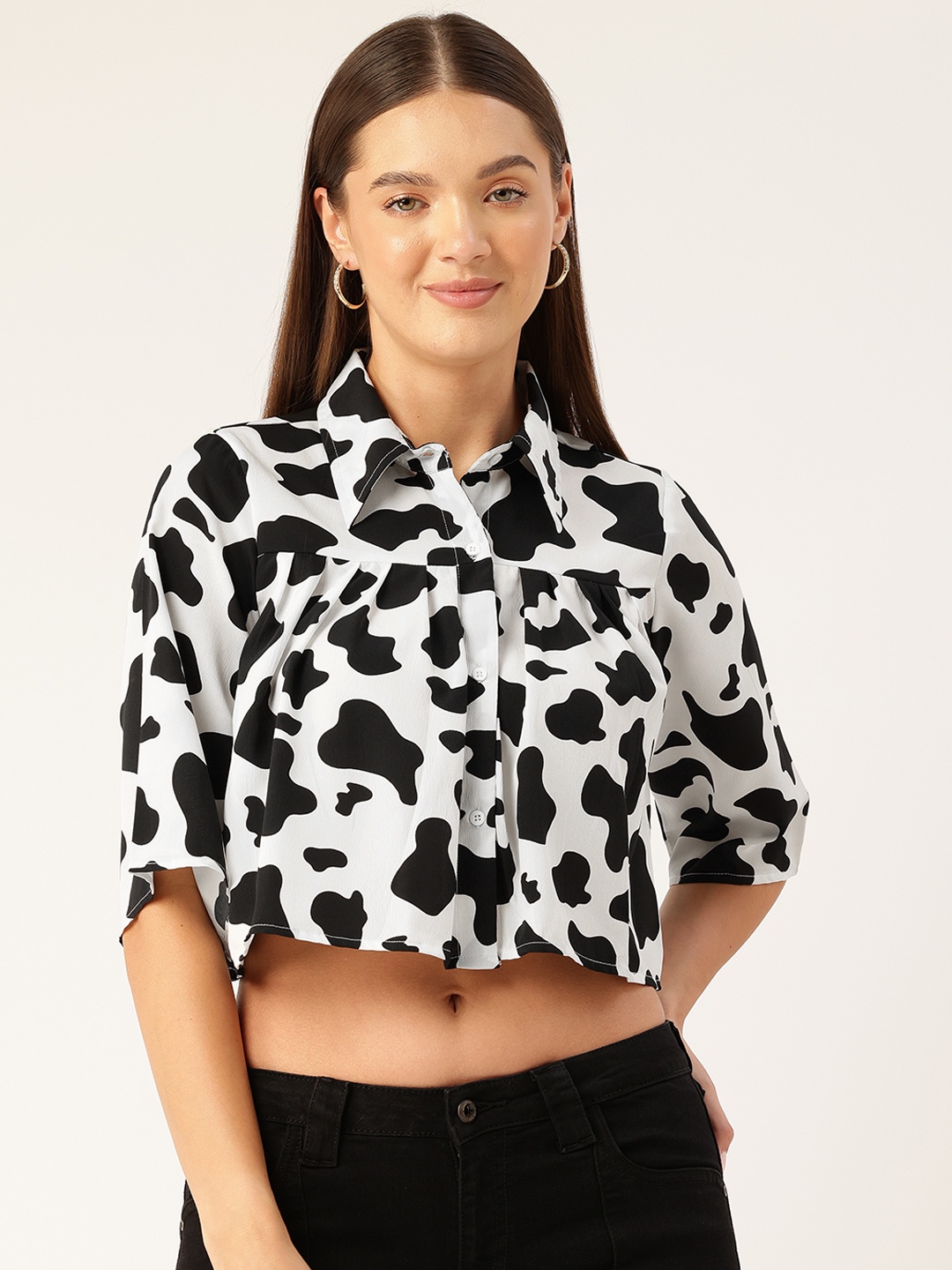 

Rue Collection Animal Print Flared Sleeves Shirt Style Crop Top, Black