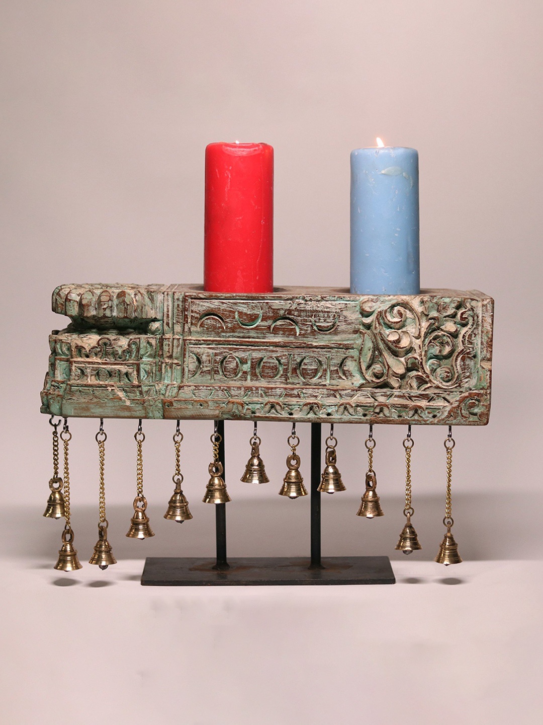 

Exotic India Wood & Brass Vintage Style Candle Holder with Ghungroos, Green