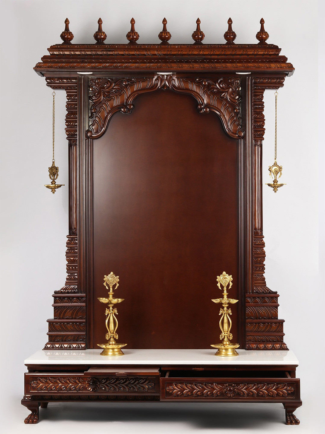 

Exotic India 70'' Large Hindu Idol Wooden Frame with Lights & Brass Lamps, Brown