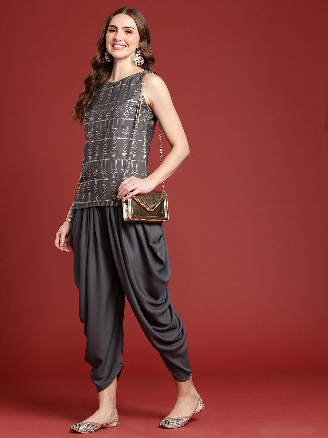 

Anouk Women Tribal Printed Regular Top with Dhoti Pants, Grey