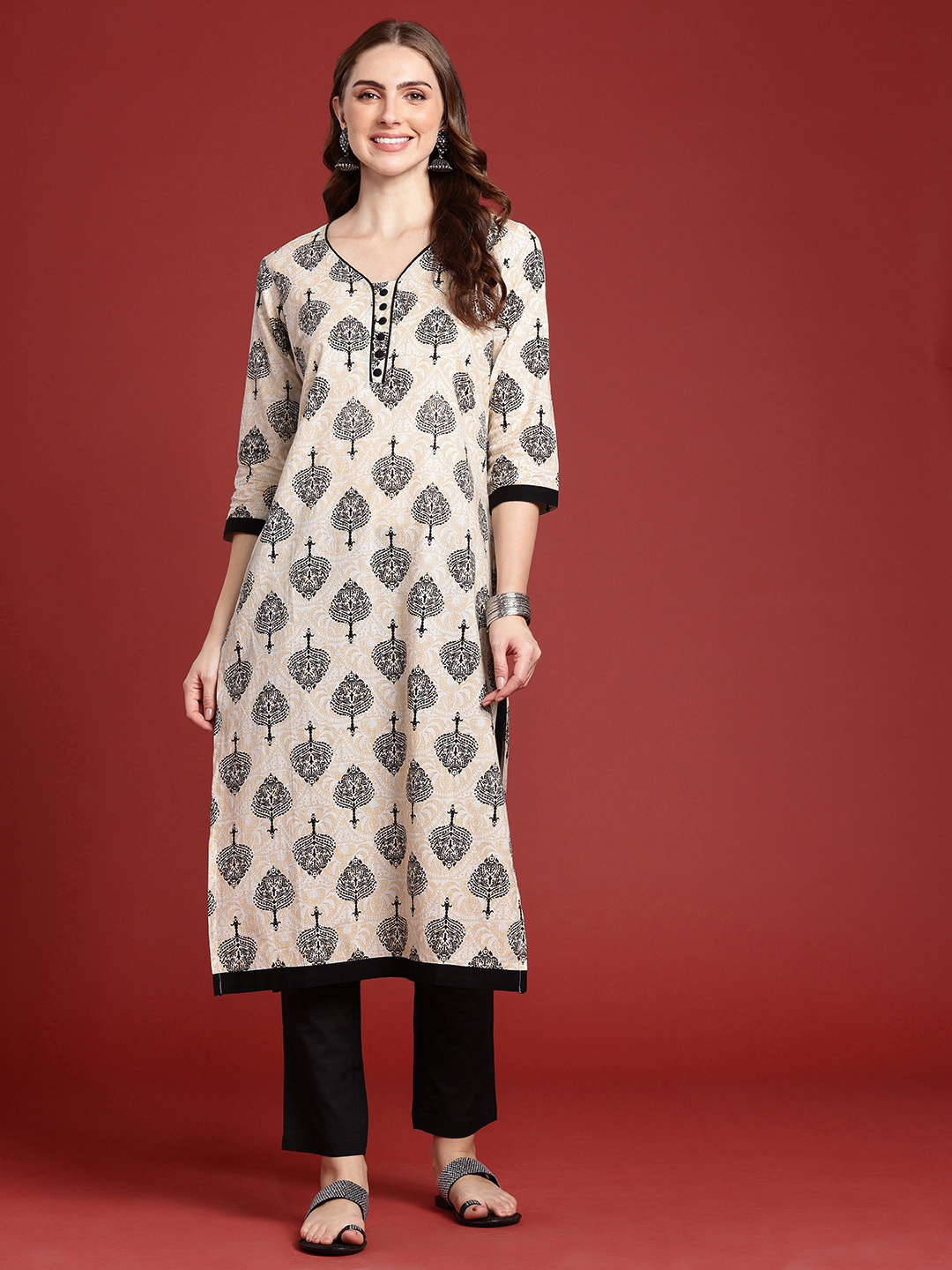 

Anouk Women Ethnic Motifs Printed Regular Pure Cotton Kurta with Trousers, Off white