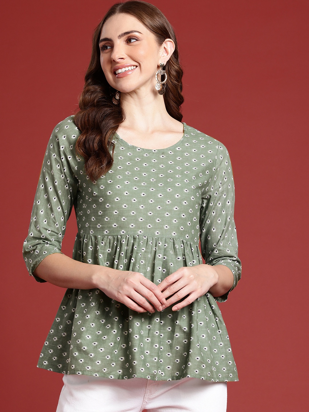 

Anouk Print Ethnic Cotton Empire Top, Green