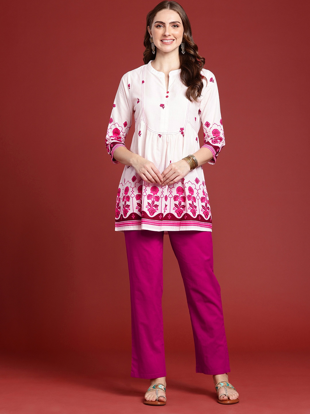 

Anouk Women Floral Printed Regular Pure Cotton Top with Trousers, White