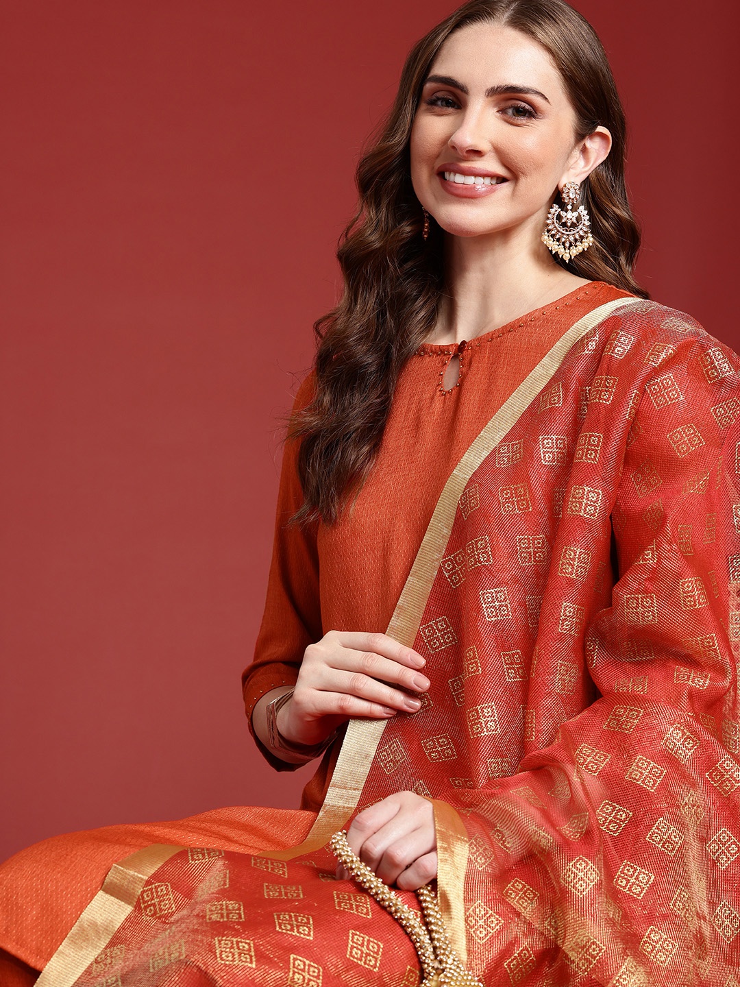 

Anouk Women Regular Beads and Stones Kurta with Trousers & Dupatta, Orange