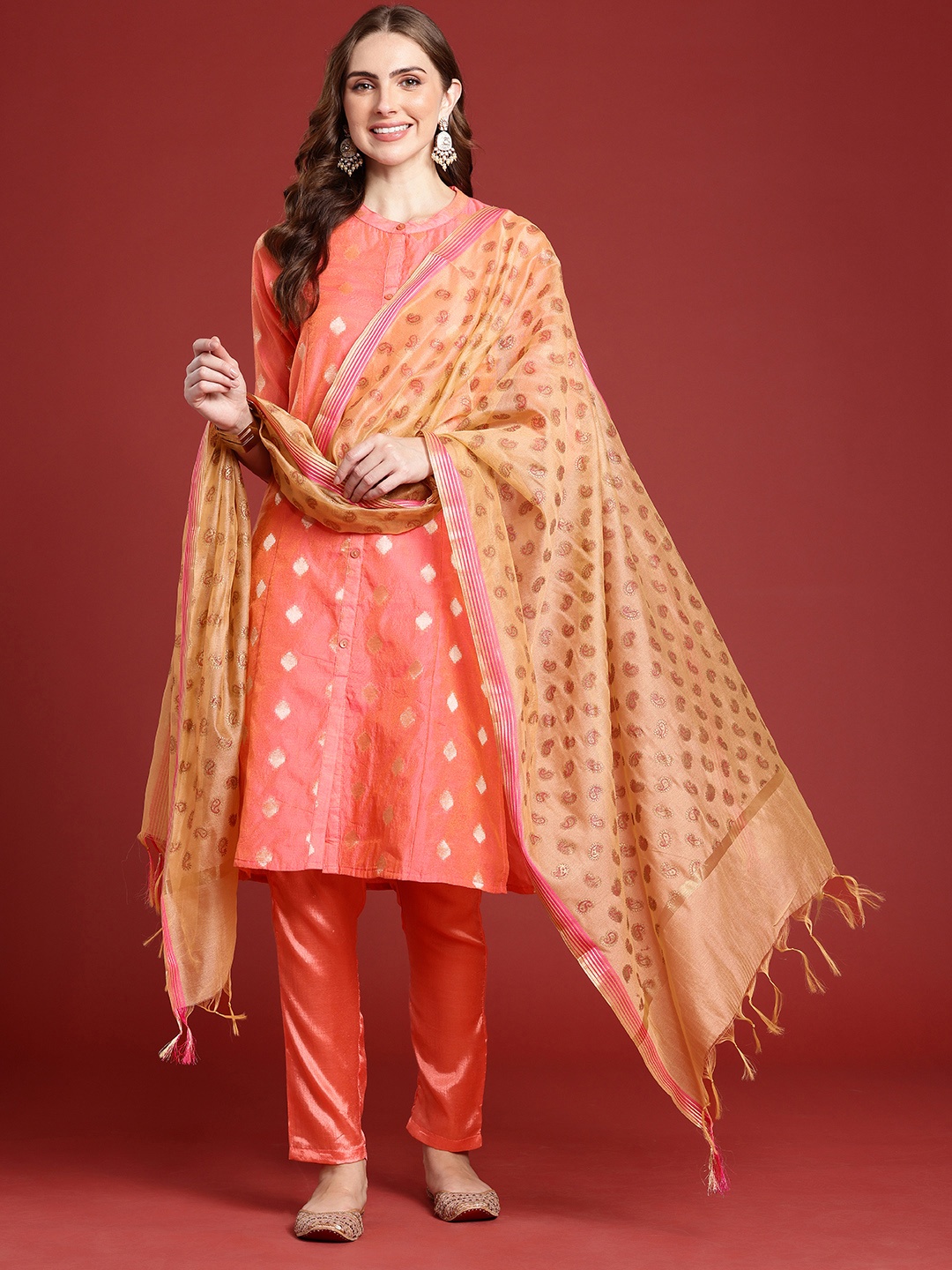 

Anouk Women Ethnic Motifs Regular Chanderi Silk Kurta with Trousers & Dupatta, Peach