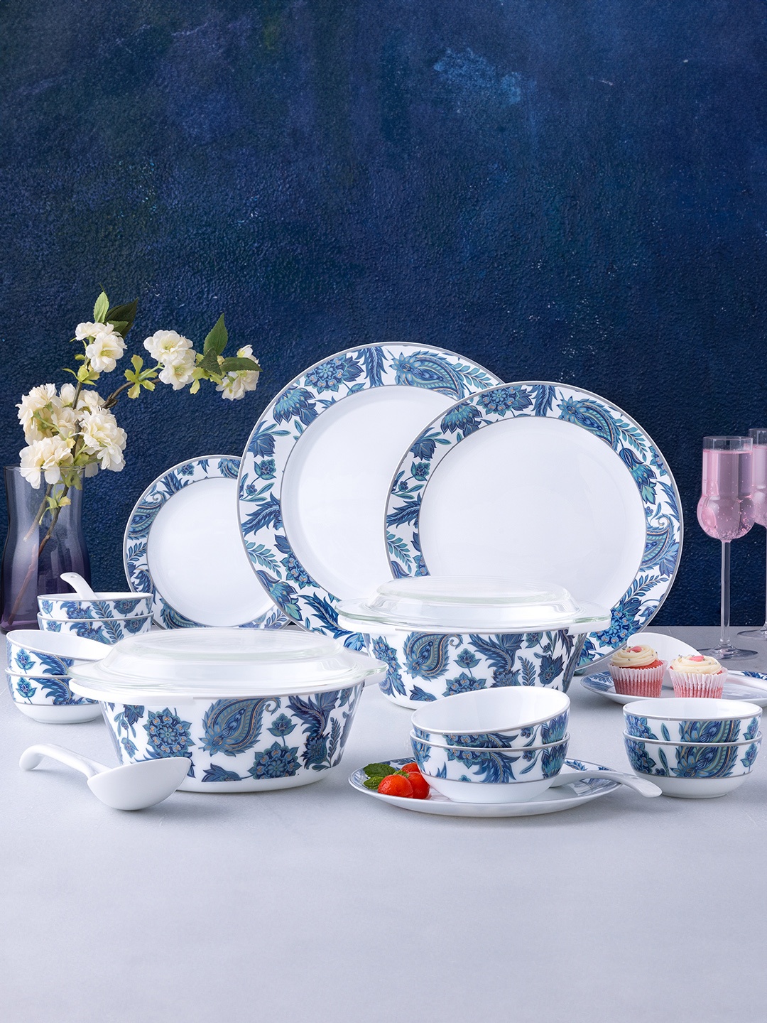 

Larah by BOROSIL Premia Series New Iris White & Blue 51 Pieces Printed Opalware Dinner Set